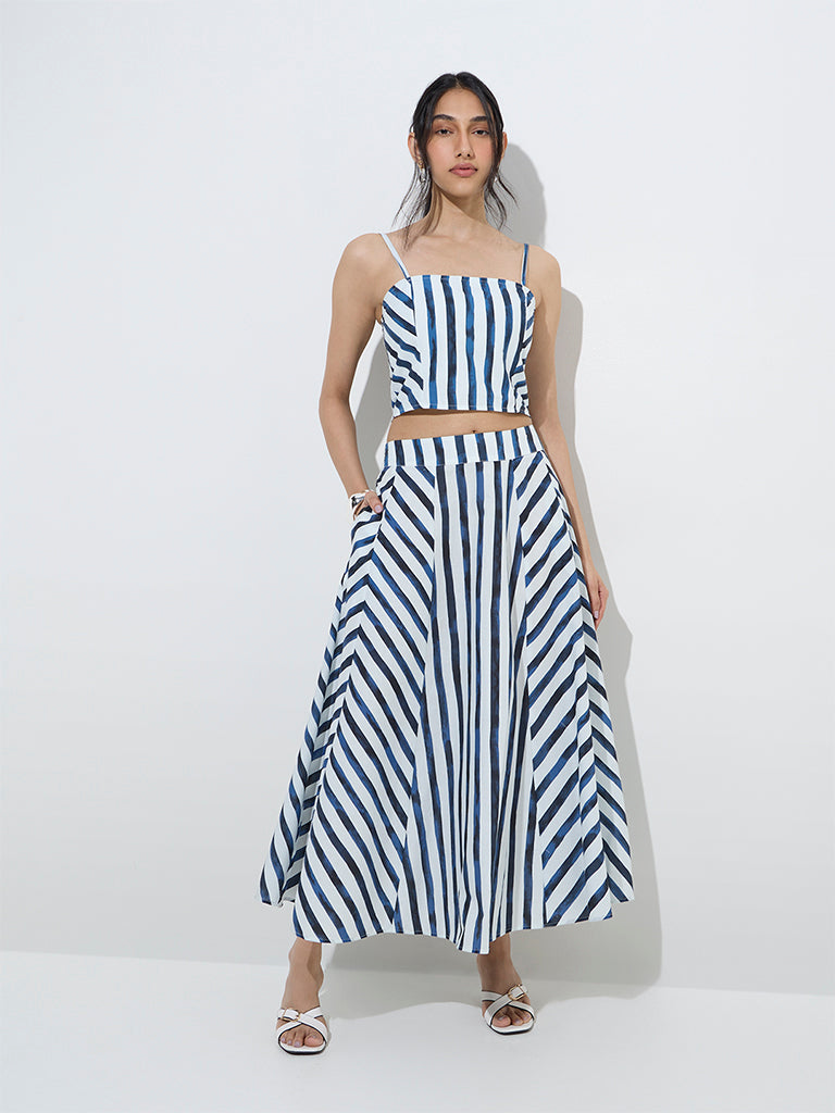 LOV Blue Stripe Printed High-Rise Cotton Skirt