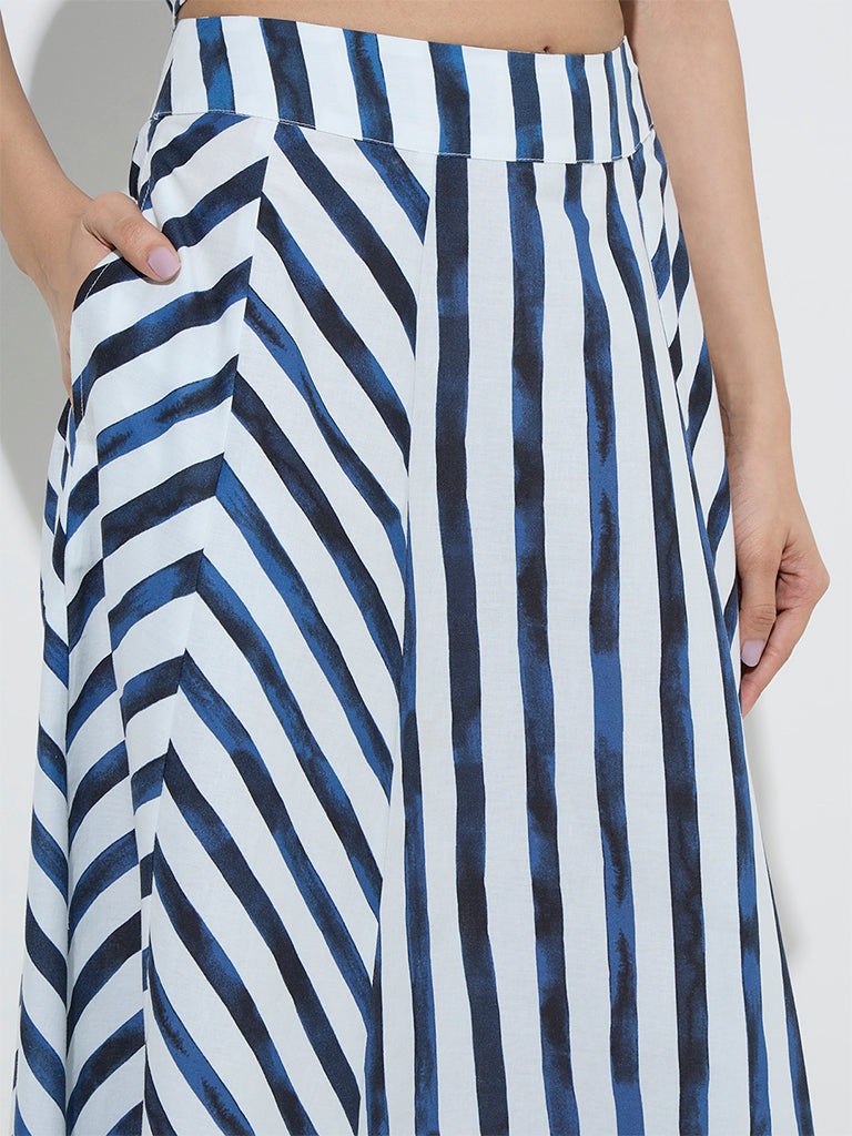 LOV Blue Stripe Printed High-Rise Cotton Skirt - Image 2