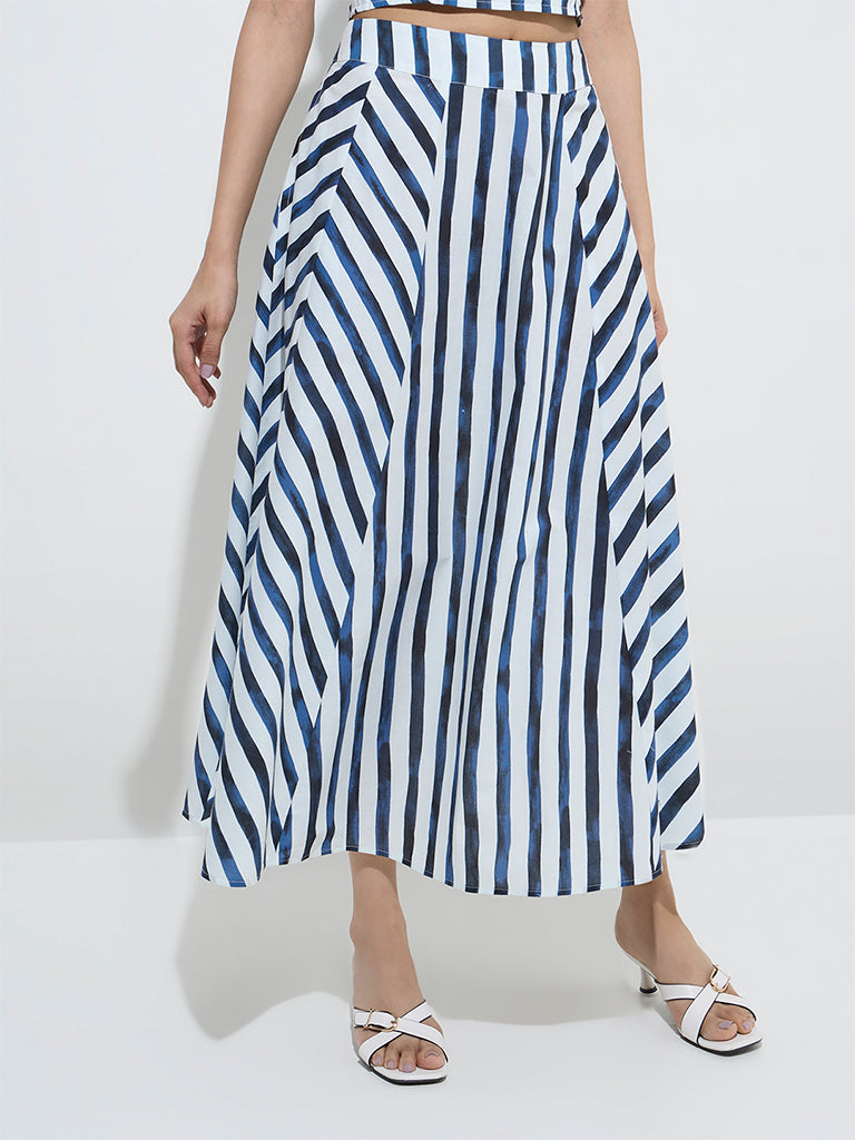 LOV Blue Stripe Printed High-Rise Cotton Skirt - Image 3