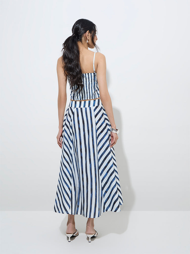 LOV Blue Stripe Printed High-Rise Cotton Skirt - Image 4