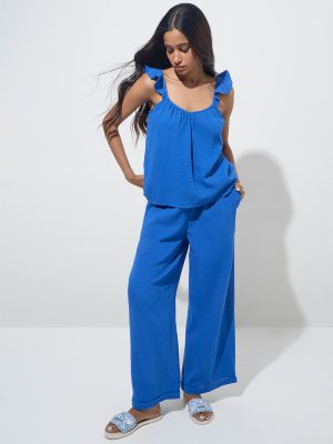 LOV Blue Crinkle-Textured High-Rise Trousers