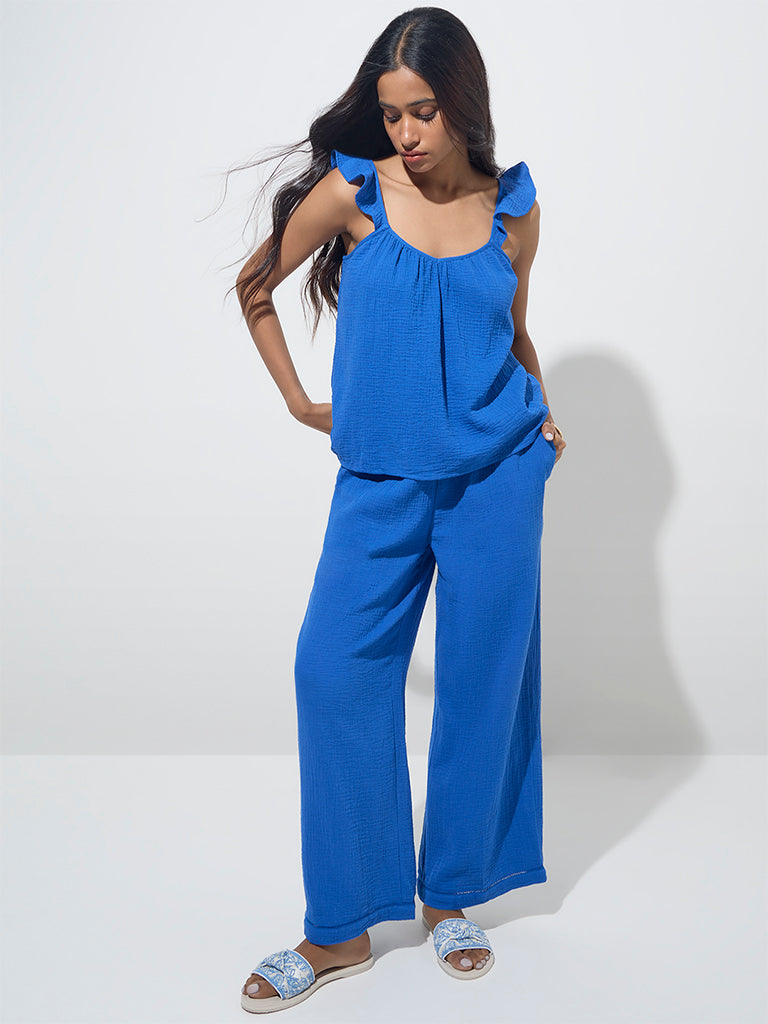 LOV Blue Crinkle-Textured High-Rise Trousers