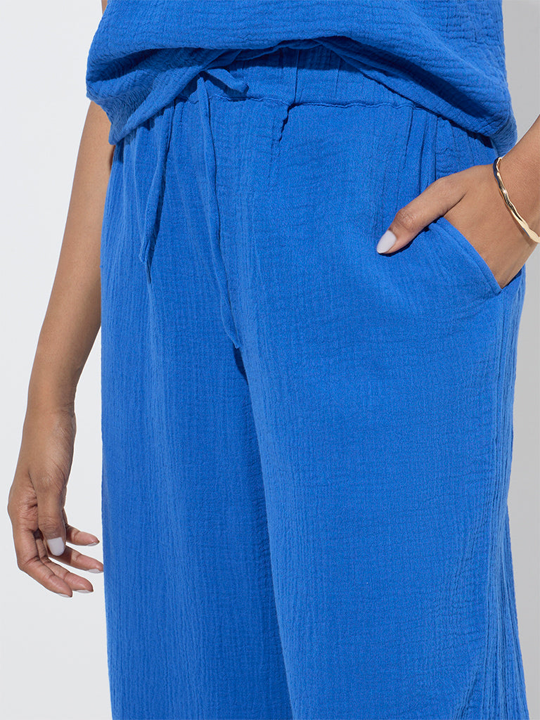 LOV Blue Crinkle-Textured High-Rise Trousers - Image 2