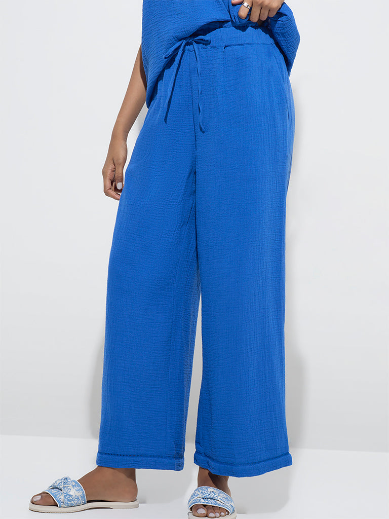 LOV Blue Crinkle-Textured High-Rise Trousers - Image 3
