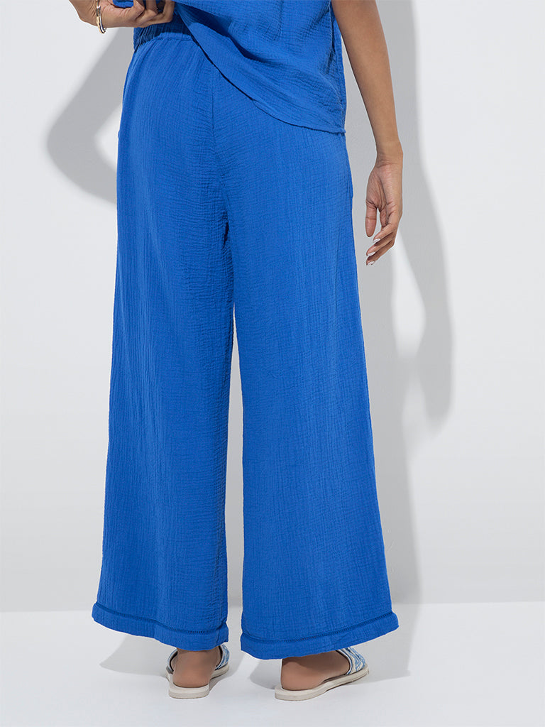 LOV Blue Crinkle-Textured High-Rise Trousers - Image 4