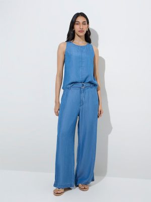 LOV Blue High-Rise Linen-Blend Trousers with Belt