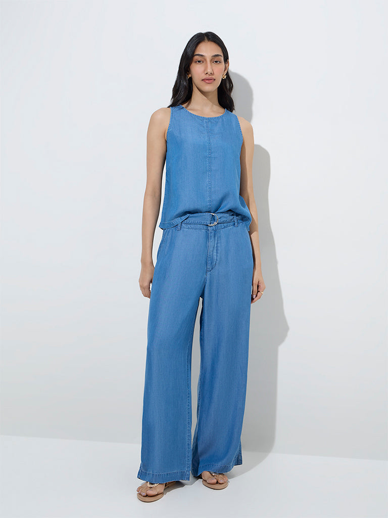 LOV Blue High-Rise Linen-Blend Trousers with Belt