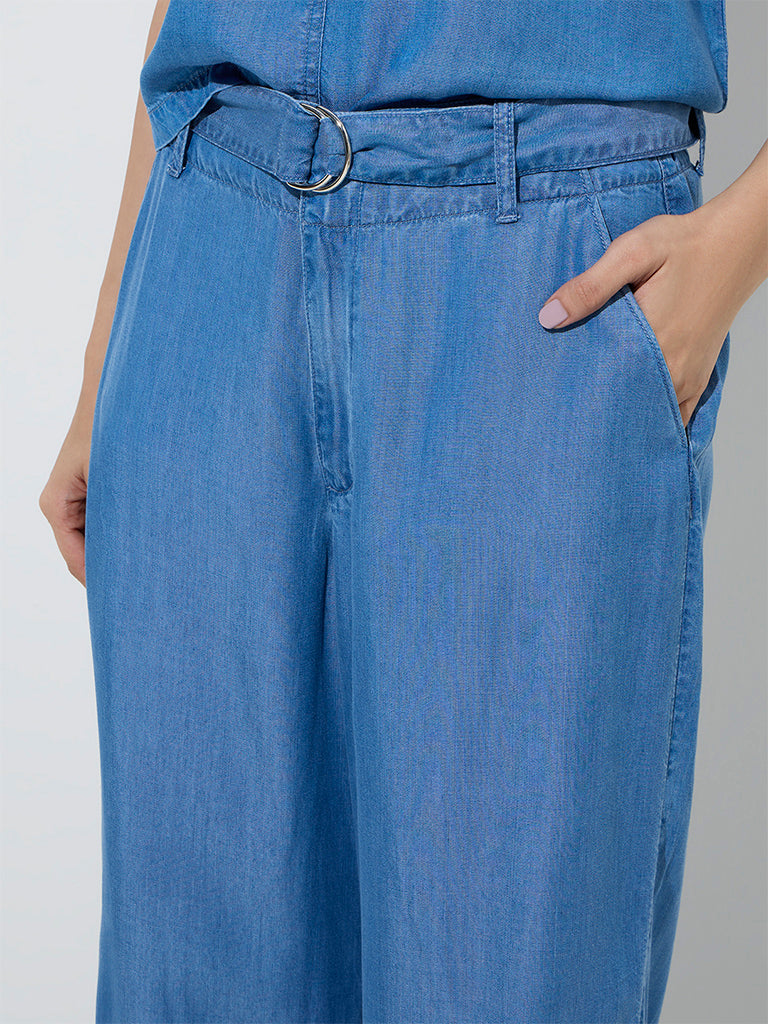 LOV Blue High-Rise Linen-Blend Trousers with Belt - Image 2
