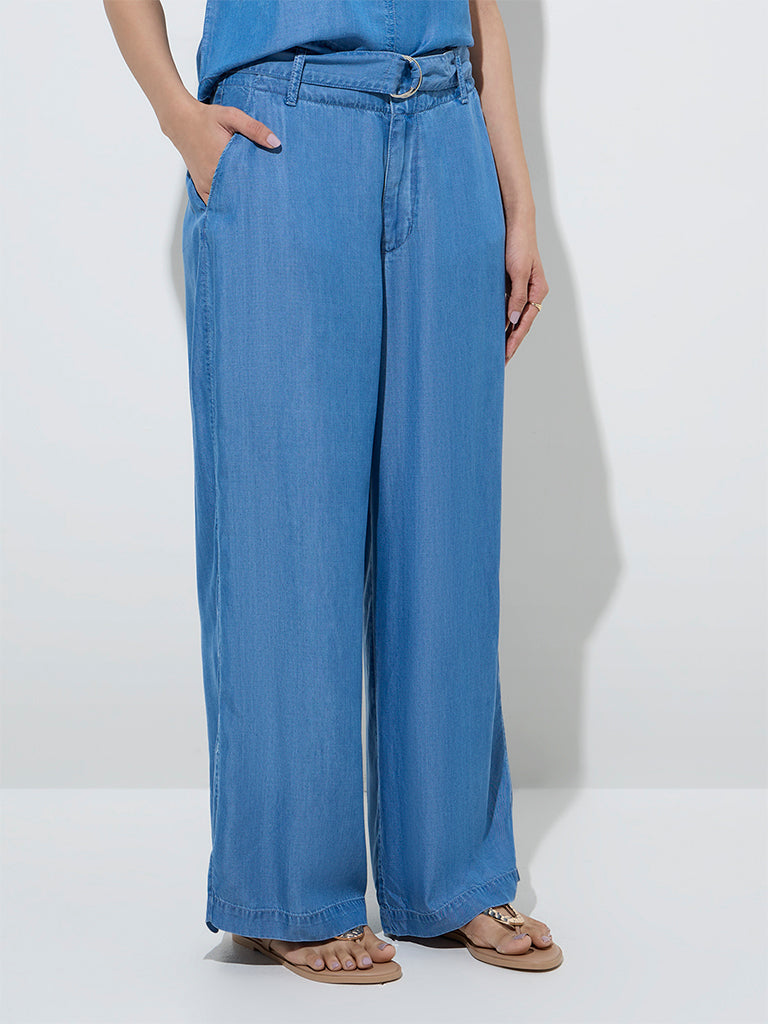 LOV Blue High-Rise Linen-Blend Trousers with Belt - Image 3