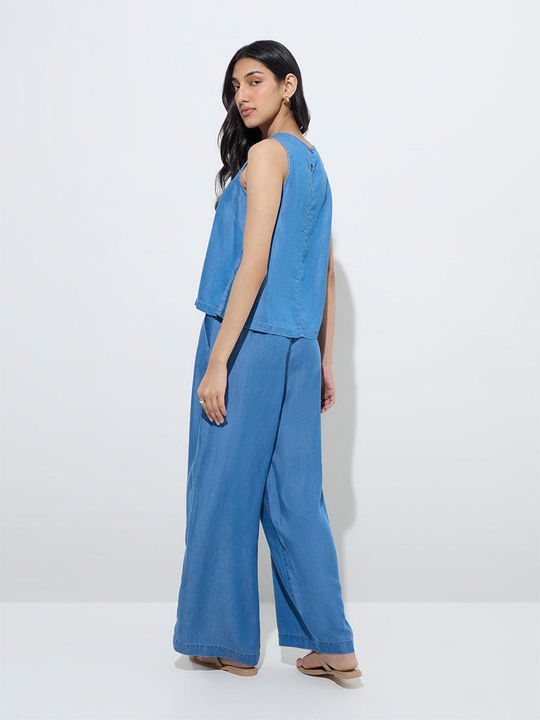 LOV Blue High-Rise Linen-Blend Trousers with Belt - Image 4