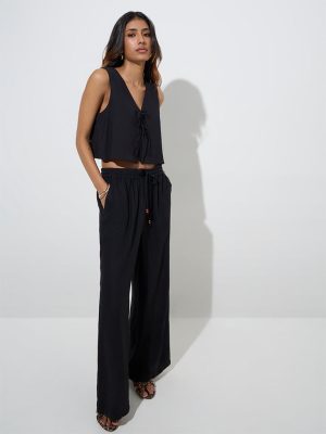 LOV Black Linen-Blend High-Rise Trousers