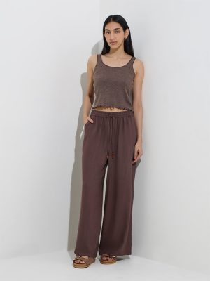 LOV Dark Taupe High-Rise Linen-Blend Pants