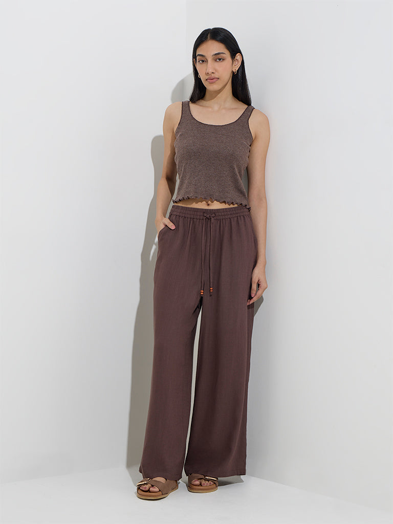 LOV Dark Taupe High-Rise Linen-Blend Pants