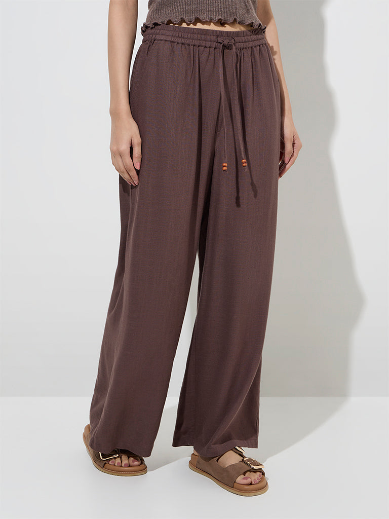 LOV Dark Taupe High-Rise Linen-Blend Pants - Image 4