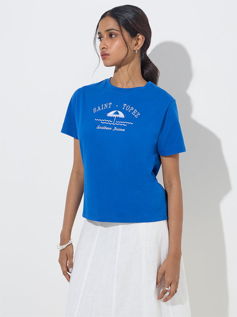 LOV Blue Text Print Cotton T-Shirt
