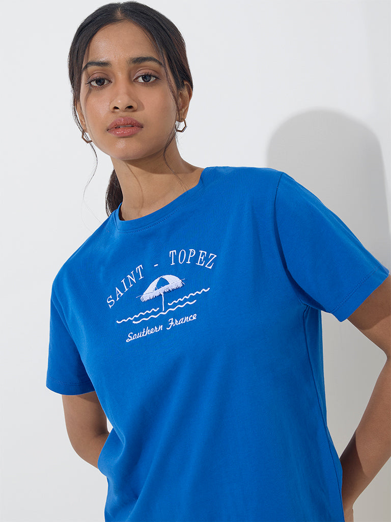 LOV Blue Text Print Cotton T-Shirt - Image 3