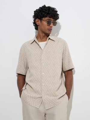 Ascot Beige Geometric Pattern Relaxed-Fit Shirt