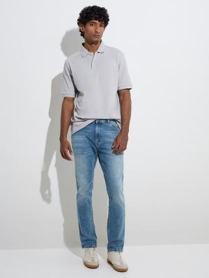 WES Casuals Blue Washed Slim-Fit Mid-Rise Jeans