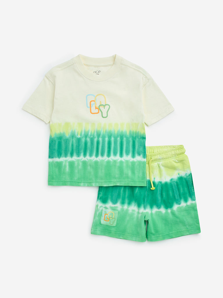 HOP Kids Green Tie-Dye Cotton T-Shirt & Shorts Set