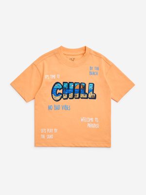 HOP Kids Orange Text Printed Cotton T-Shirt