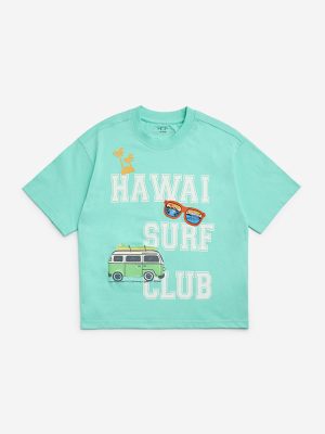 HOP Kids Green Printed Cotton T-Shirt