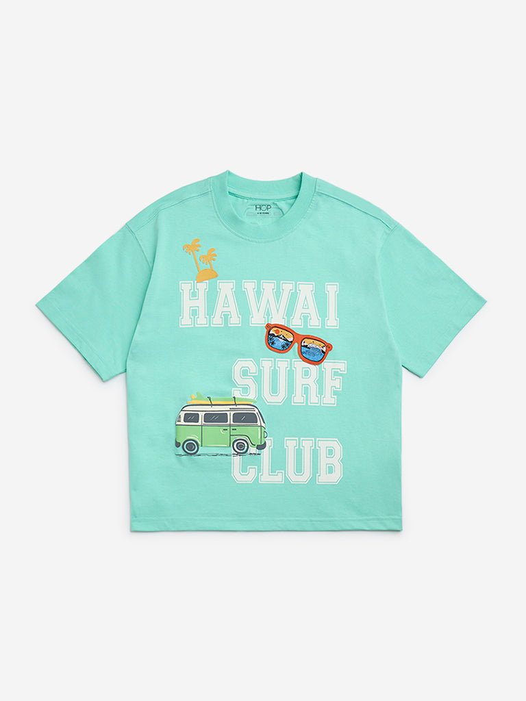 HOP Kids Green Printed Cotton T-Shirt
