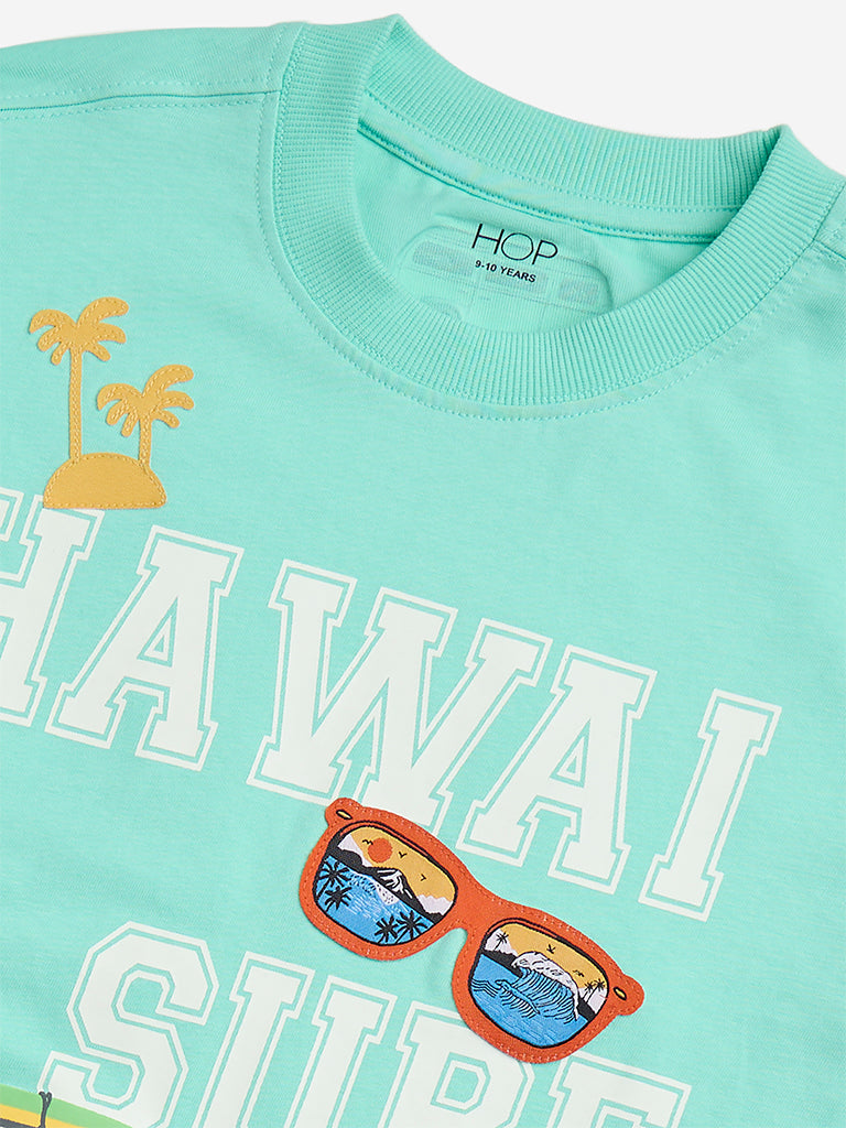 HOP Kids Green Printed Cotton T-Shirt - Image 3