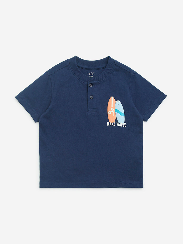 HOP Kids Navy Surfboard Printed Cotton T-Shirt