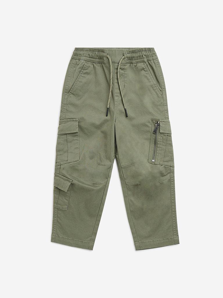 HOP Kids Olive Cargo-Style Mid-Rise Cotton-Blend Pants