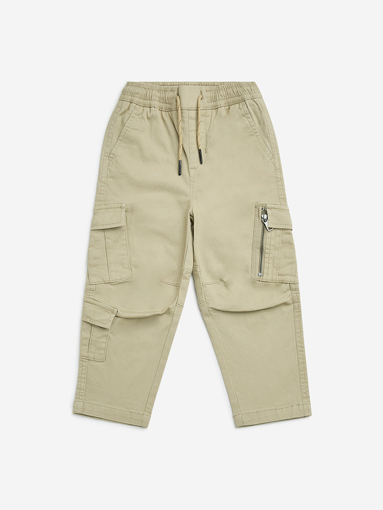 HOP Kids Beige Cargo-Style Mid-Rise Cotton-Blend Pants
