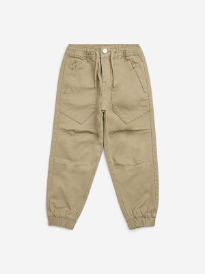 HOP Kids Beige Mid-Rise Cotton-Blend Joggers