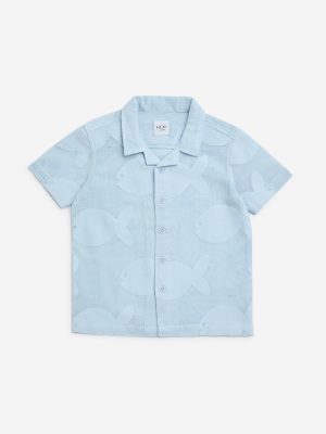 HOP Kids Light Blue Fish Design Cotton-Blend Shirt