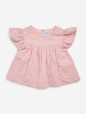 HOP Kids Dusty Pink Foliage Embroidered Cotton Peplum Top