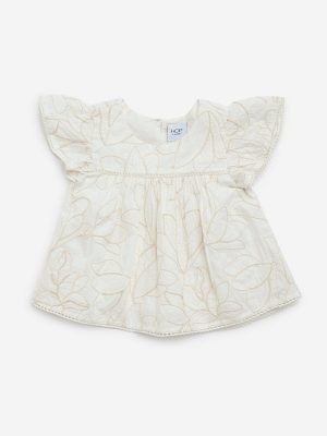 HOP Kids Off-White Foliage Embroidered Cotton Peplum Top