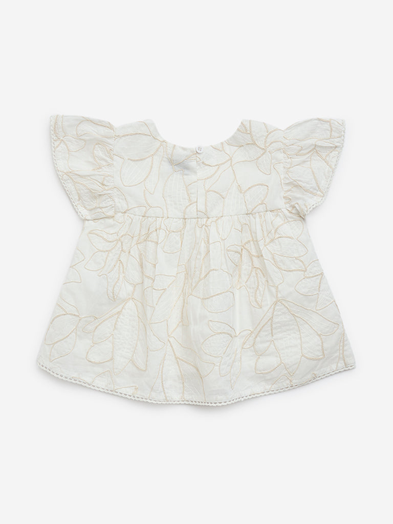 HOP Kids Off-White Foliage Embroidered Cotton Peplum Top - Image 3