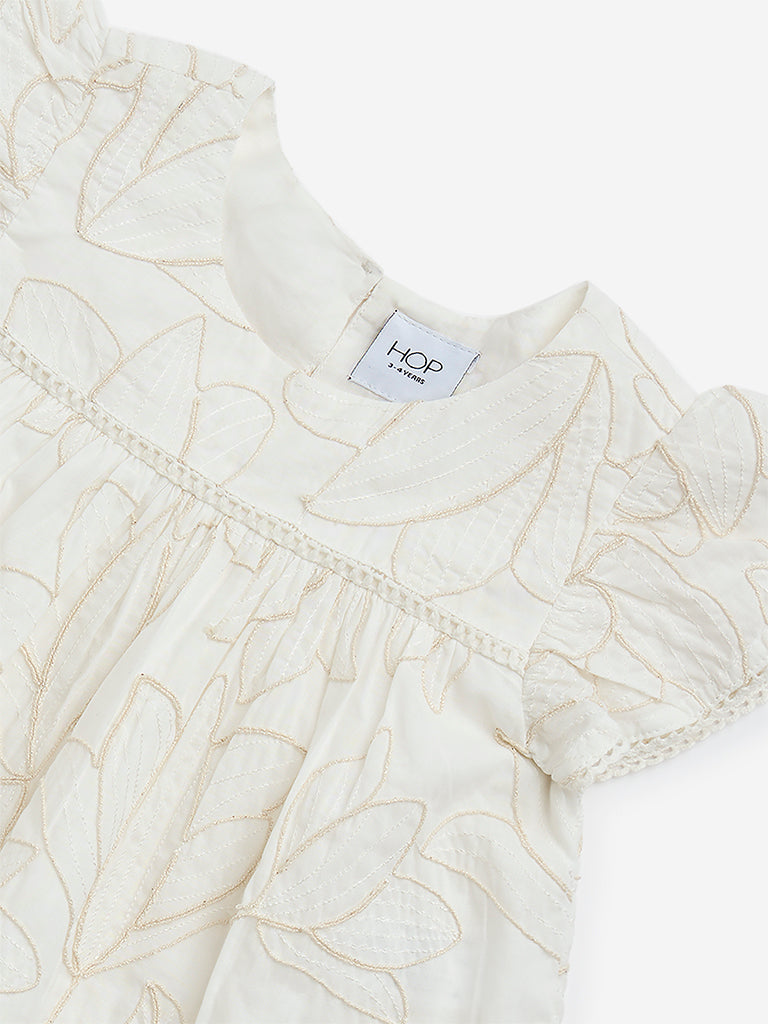 HOP Kids Off-White Foliage Embroidered Cotton Peplum Top - Image 4