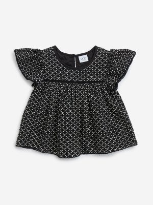 HOP Kids Black Crochet-Detailed Cotton-Blend Top