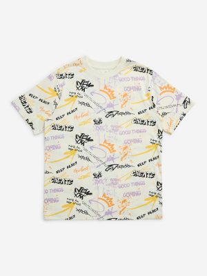 Y&F Kids Off-White Text-Printed Cotton T-Shirt