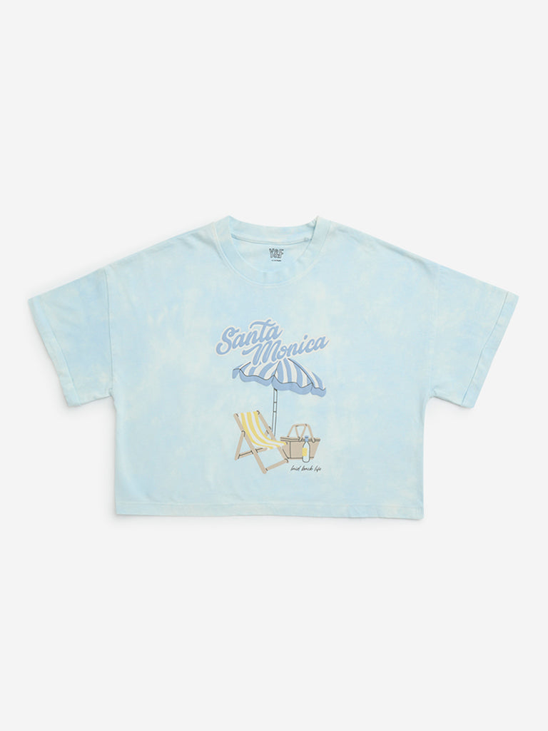 Y&F Kids Light Blue Beach Printed Cotton T-Shirt