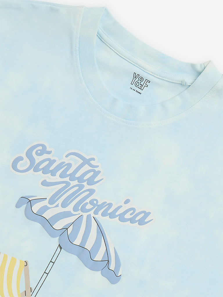 Y&F Kids Light Blue Beach Printed Cotton T-Shirt - Image 4