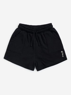 Y&F Kids Black Solid High-Rise Cotton-Blend Shorts