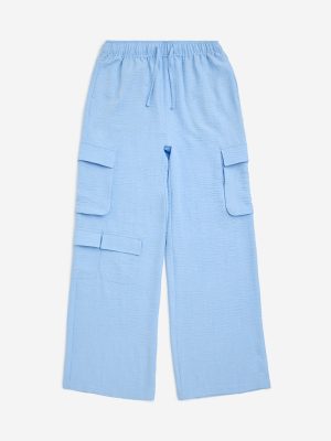 Y&F Kids Light Blue Crinkle-Textured High-Rise Trousers
