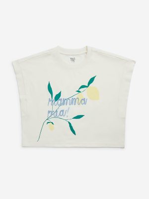 Y&F Kids Off-White Text Patterned Cotton Top