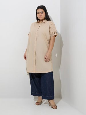 Diza Beige Floral Embroidered High-Low Cotton Kurta