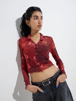 Nuon Red Floral Design Mesh Cotton-Blend Shirt