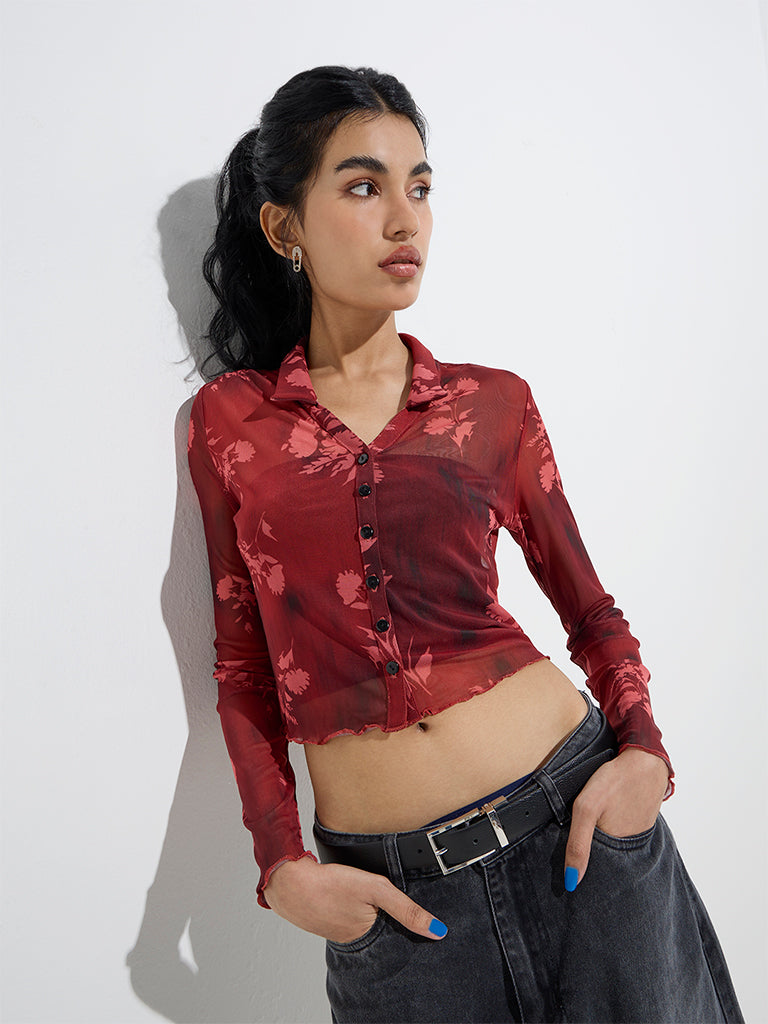 Nuon Red Floral Design Mesh Cotton-Blend Shirt
