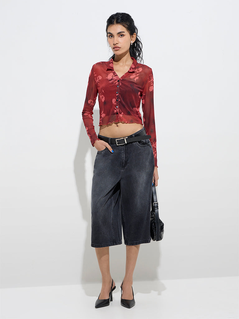 Nuon Red Floral Design Mesh Cotton-Blend Shirt - Image 3