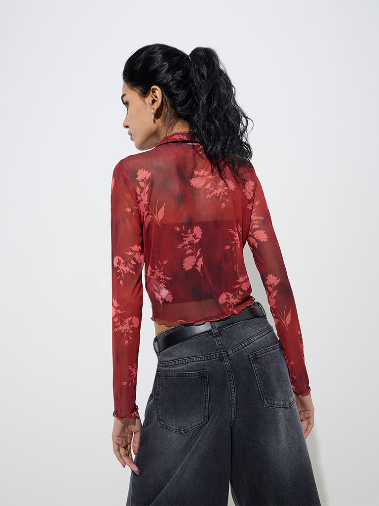 Nuon Red Floral Design Mesh Cotton-Blend Shirt - Image 4