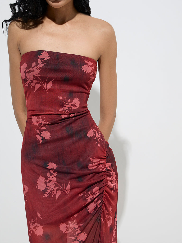 Nuon Burgundy Floral Printed Mesh Bodycon Dress - Image 2