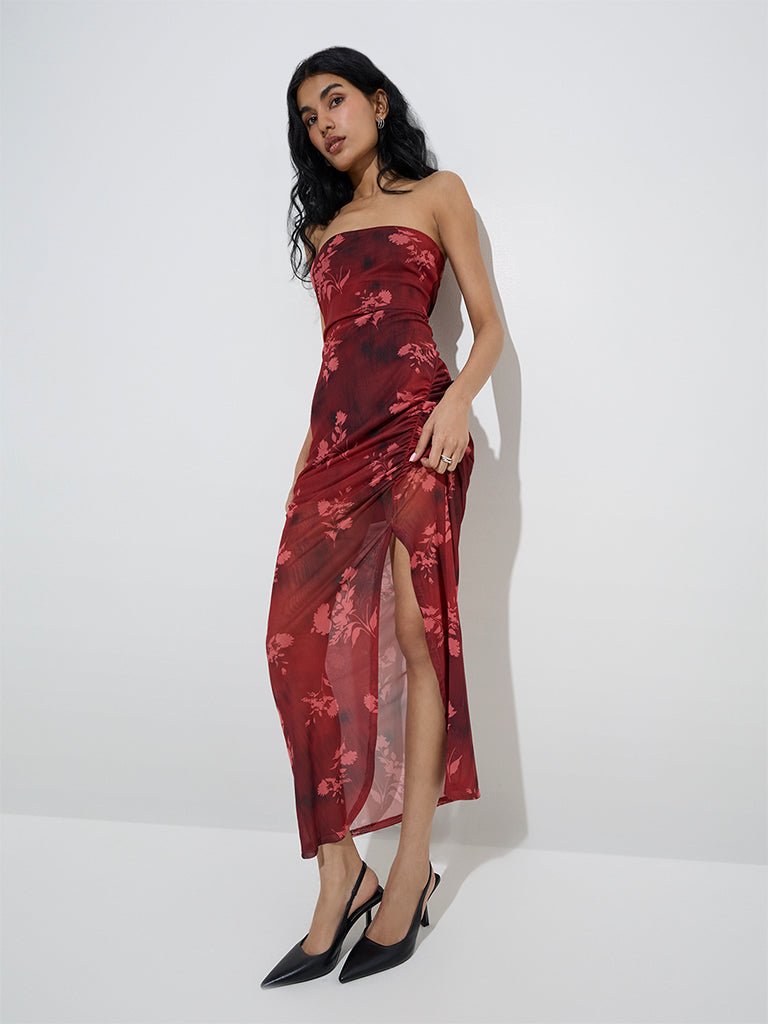 Nuon Burgundy Floral Printed Mesh Bodycon Dress - Image 3